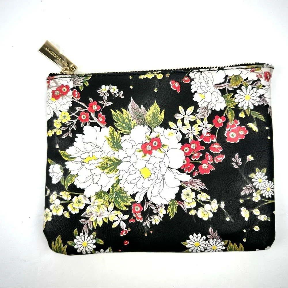 Big Buddha Clutch Black‎ Faux Leather Floral Makeup Cosmetic Bag Pouch Brand New